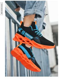 Men Women Casual Sneakers Mesh Breathable Comfortable Lightweight Damping Outdoor Running Walking Shoes Summer Spring Autumn New (Color: Black Orange)