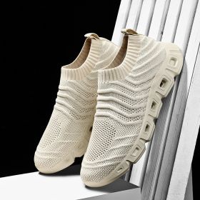 Spring Summer Autumn 39-48 Slip-on Casual Shoes Men Fly Woven Running Sneaker Soft Sole Comfortable Breathable Outdoor Sport (Color: Beige)