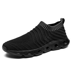 Spring Summer Autumn 39-48 Slip-on Casual Shoes Men Fly Woven Running Sneaker Soft Sole Comfortable Breathable Outdoor Sport (Color: Black)