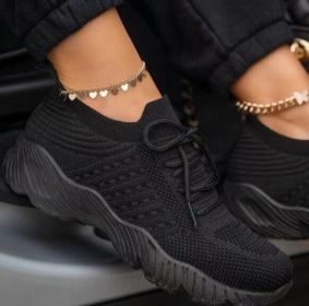 Knitted Flat Lace Up Slip On Sneakers- 4 Color Choices (Color: Black)