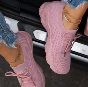 Knitted Flat Lace Up Slip On Sneakers- 4 Color Choices (Color: Pink)