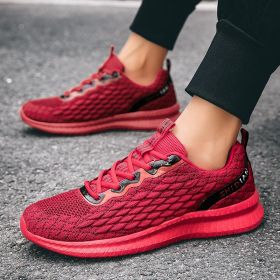 2024 new men's sports shoes flying woven leisure running shoes (Color: Red)