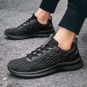 2024 new men's sports shoes flying woven leisure running shoes (Color: Black)